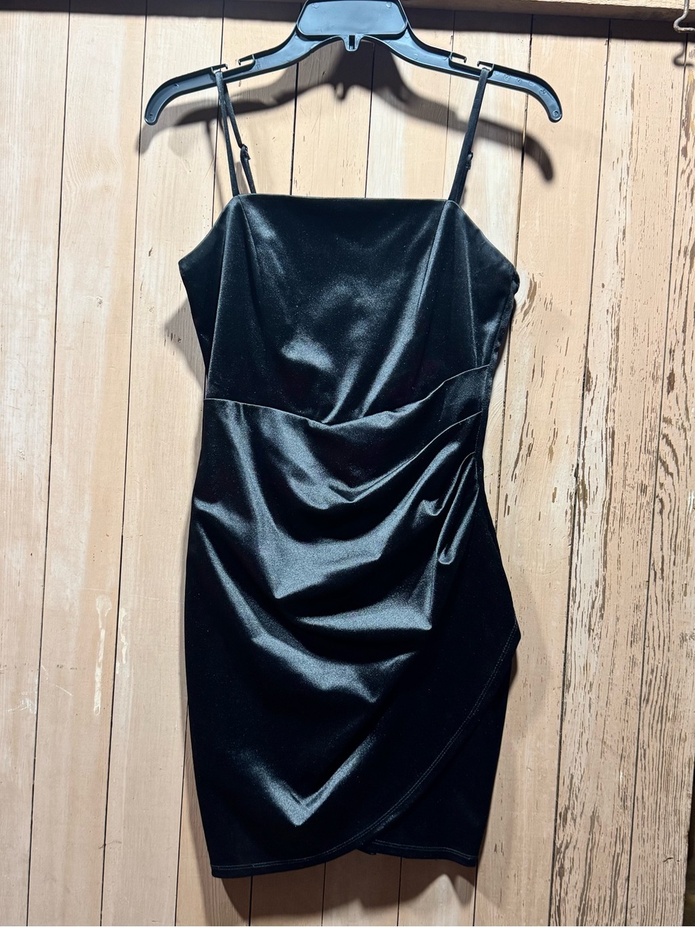 Honey and Rosie Black Satin Asymmetric Ruched Mini Dress